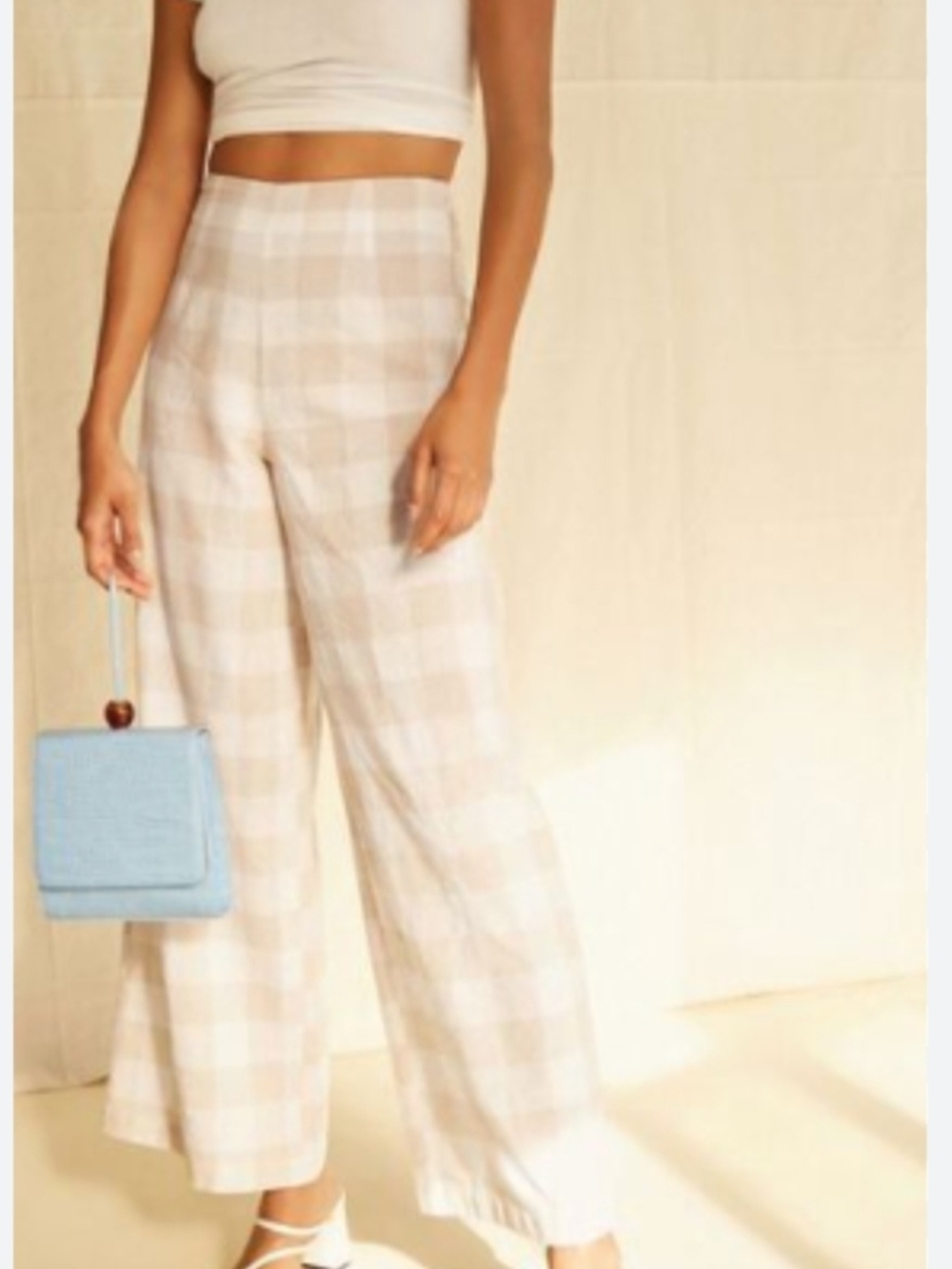 Forever 21 Beige & White Gingham Wide-Leg Pants